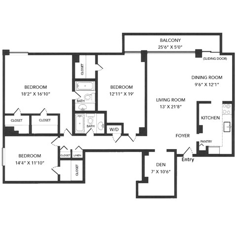Floor plan for 3 beds, 2 baths, 1831 sqft
